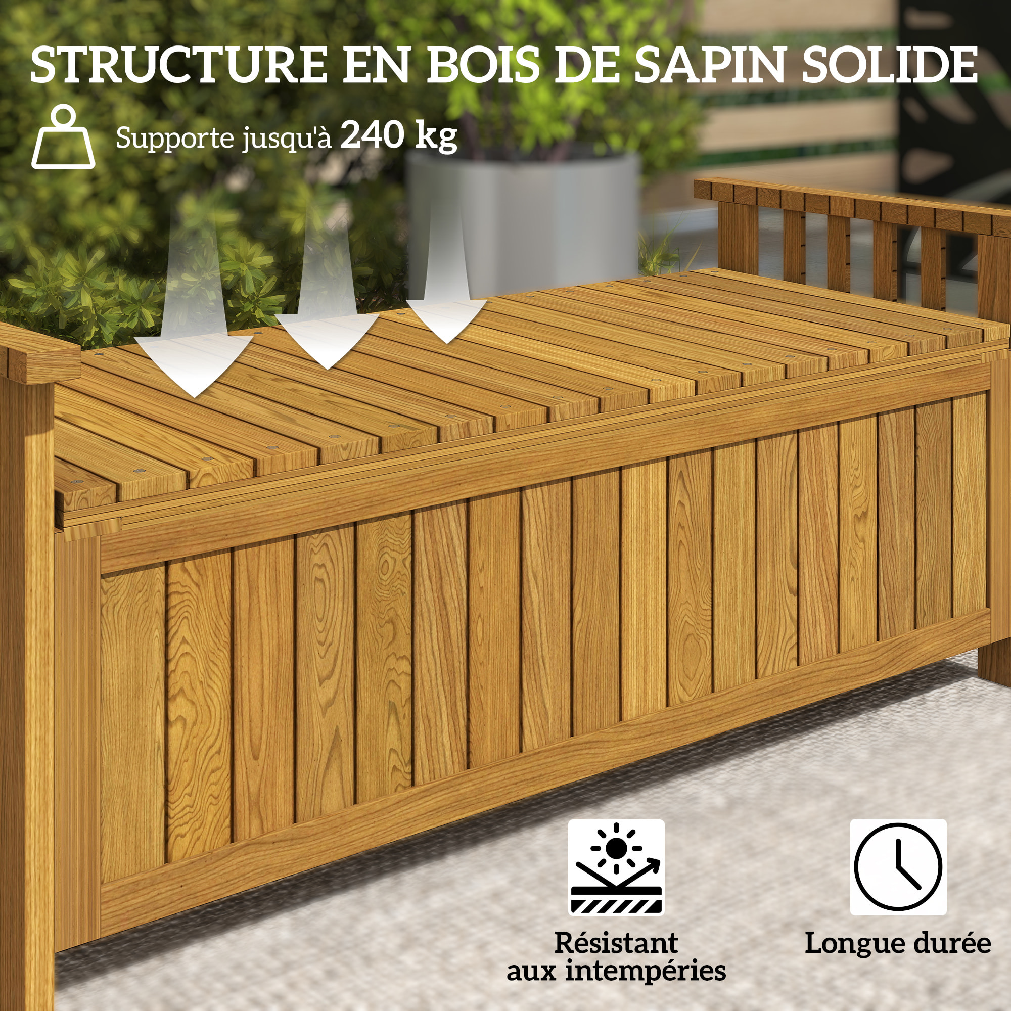 Banc de jardin avec coffre de rangement 186L - accoudoirs - dim. 128 x 56 x 53 cm - habillage PVC bois de sapin pré-huilé