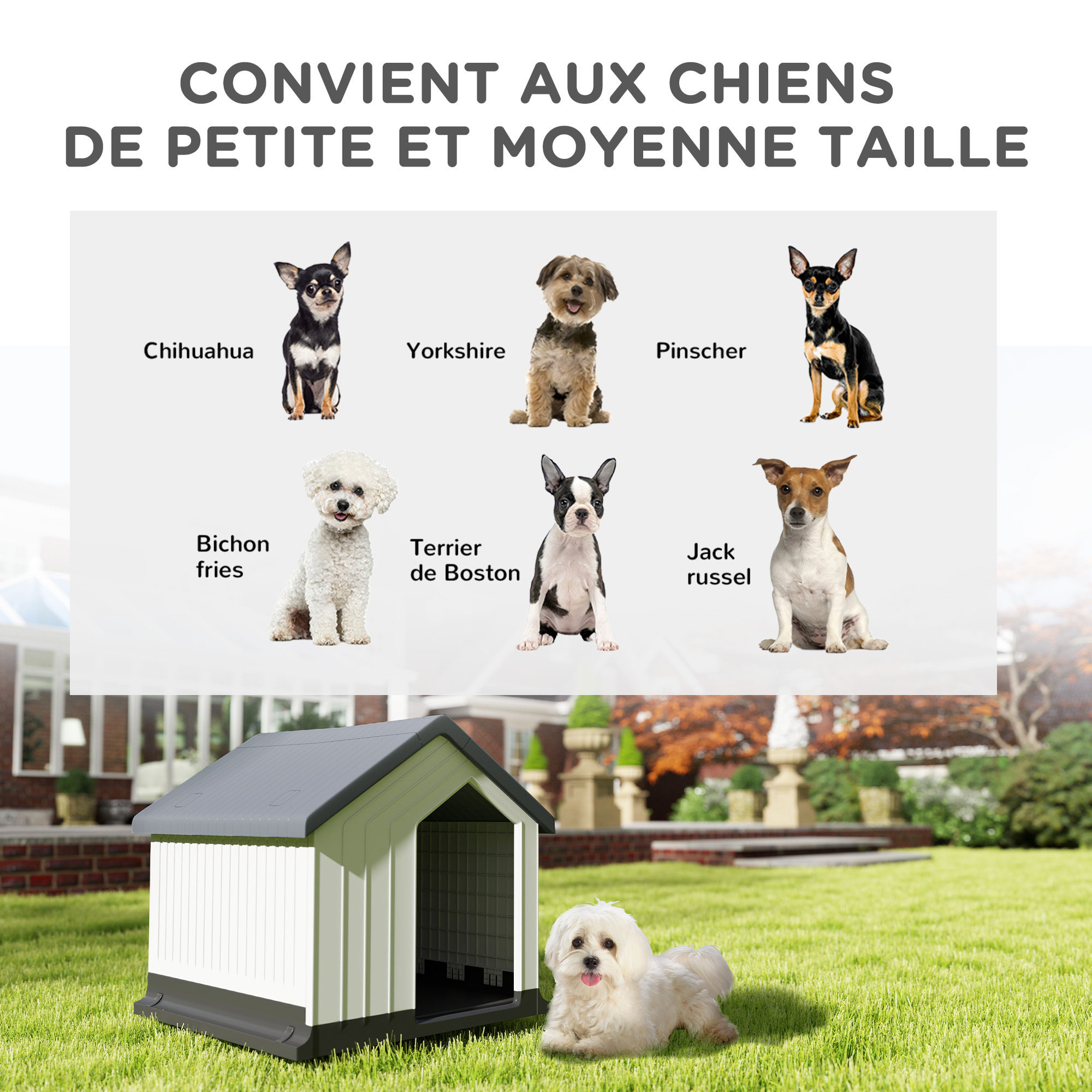 Niche chien extérieure - maison chien - niche plastique - grille d'aération - dim. 62L x 61l x 60H cm - blanc gris noir