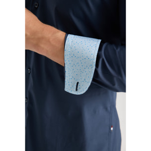Camicia Uomo 1 Bottone Francese Slim Popeline Stretch Unito Blu