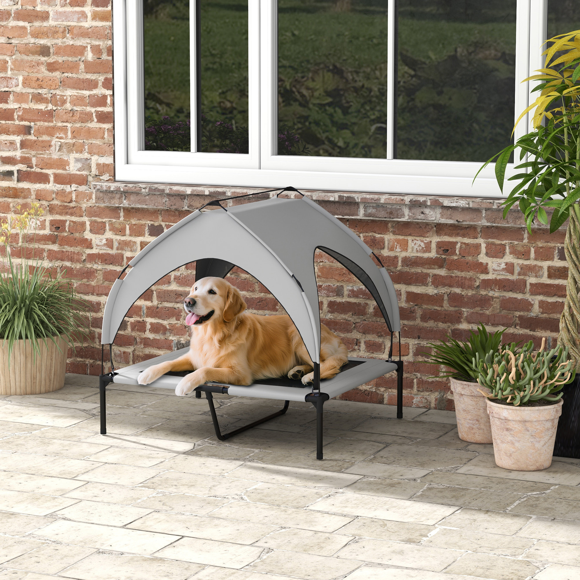 Lit chien surélevé - lit chien sur pieds - velum textilène micro-perforé sac transport gris