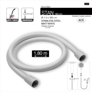 Flexible de douche PVC anti-torsion – 1,80 m – Connexion universelle F 1/2 – ACS