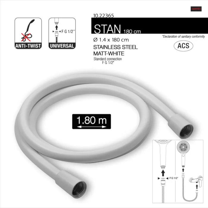Flexible de douche PVC anti-torsion – 1,80 m – Connexion universelle F 1/2 – ACS