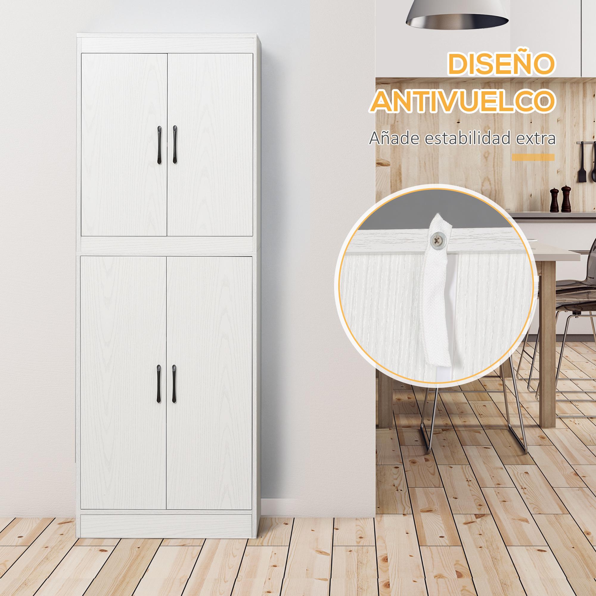 HOMCOM Aparador Alacena de Cocina Mueble Auxiliar de Cocina con 4 Puertas y 5 Estantes Abiertos para Comedor Salón Estilo Moderno Antivuelco 60x36x168 cm Blanco