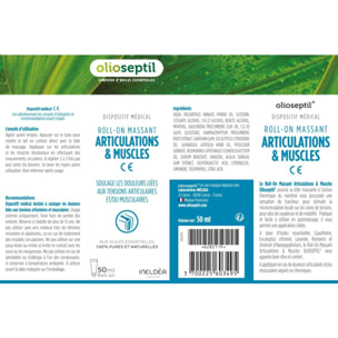 OLIOSEPTIL - Roll-on Articulations & Muscles - Aux huiles essentielles & extrait d'harpagophytum - Aide à soulager rapidement les douleurs articulaires et musculaires - Dispositif Médical - 50ml
