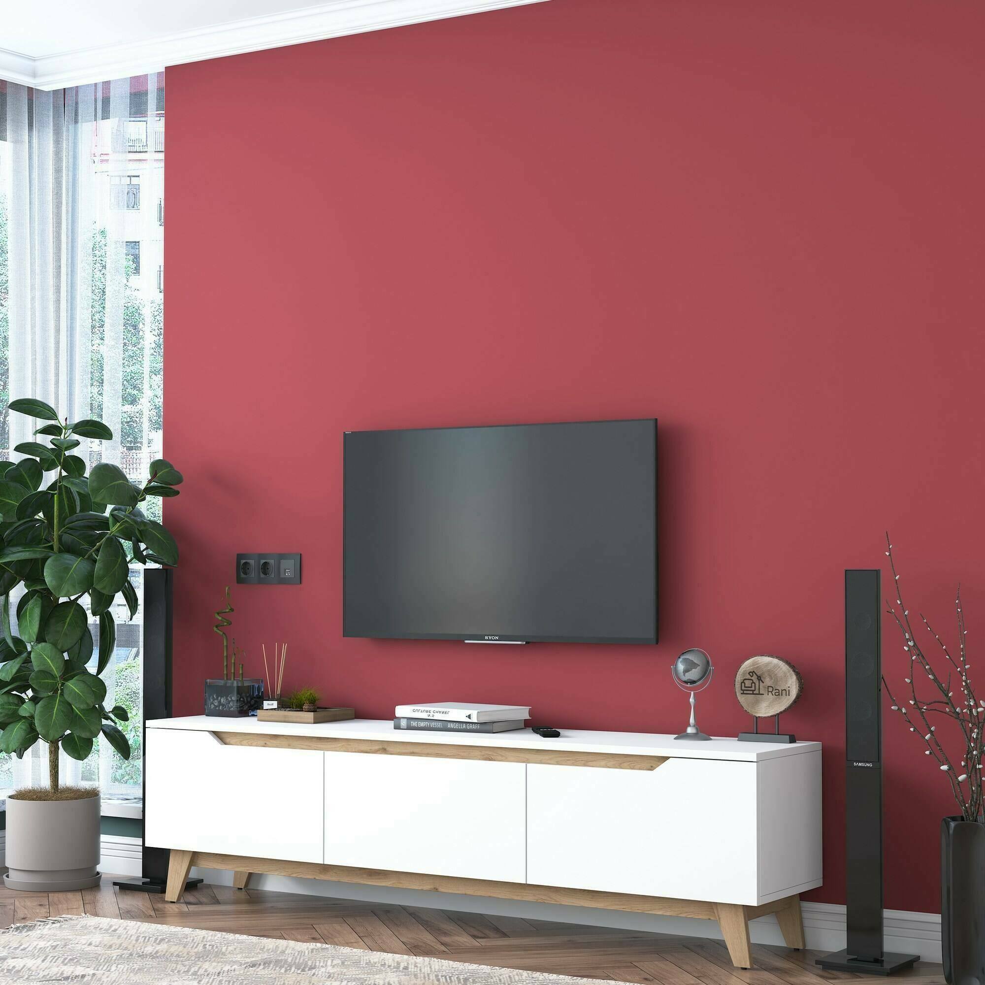 Mobile porta TV Dguidoli, Credenza da soggiorno, Armadio basso per TV, Base parete attrezzata, 180x35h49 cm, Bianco e Noce