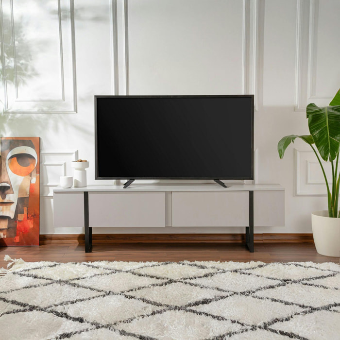 Meuble TV avec rangement - effet gris laqué, pieds noirs JENA