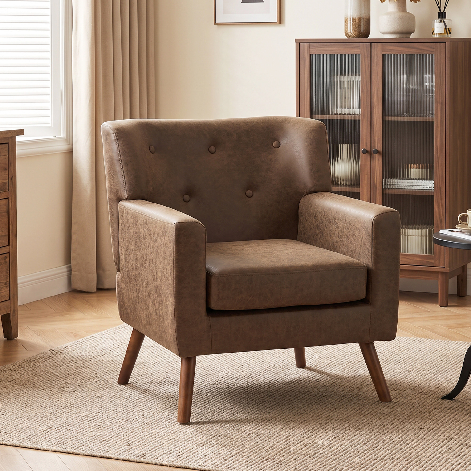 HOMCOM Sillón Relax, Sofá Individual, Tapizado en PU, Cojín de Asiento con Muelles, Respaldo Ancho Acolchado, Patas de Madera Maciza para Salón, Dormitorio y Oficina, 72x76x80 cm, Marrón
