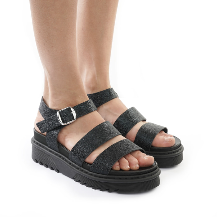 SANDALO FLATFORM TRE FASCE CHOCOLA' BLU