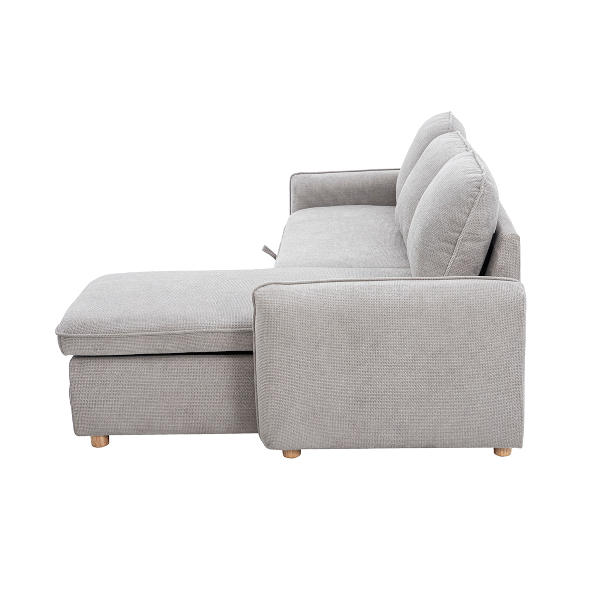 Canapé d'angle convertible réversible avec coffre 3 places en tissu chenille gris et bois clair ORSO