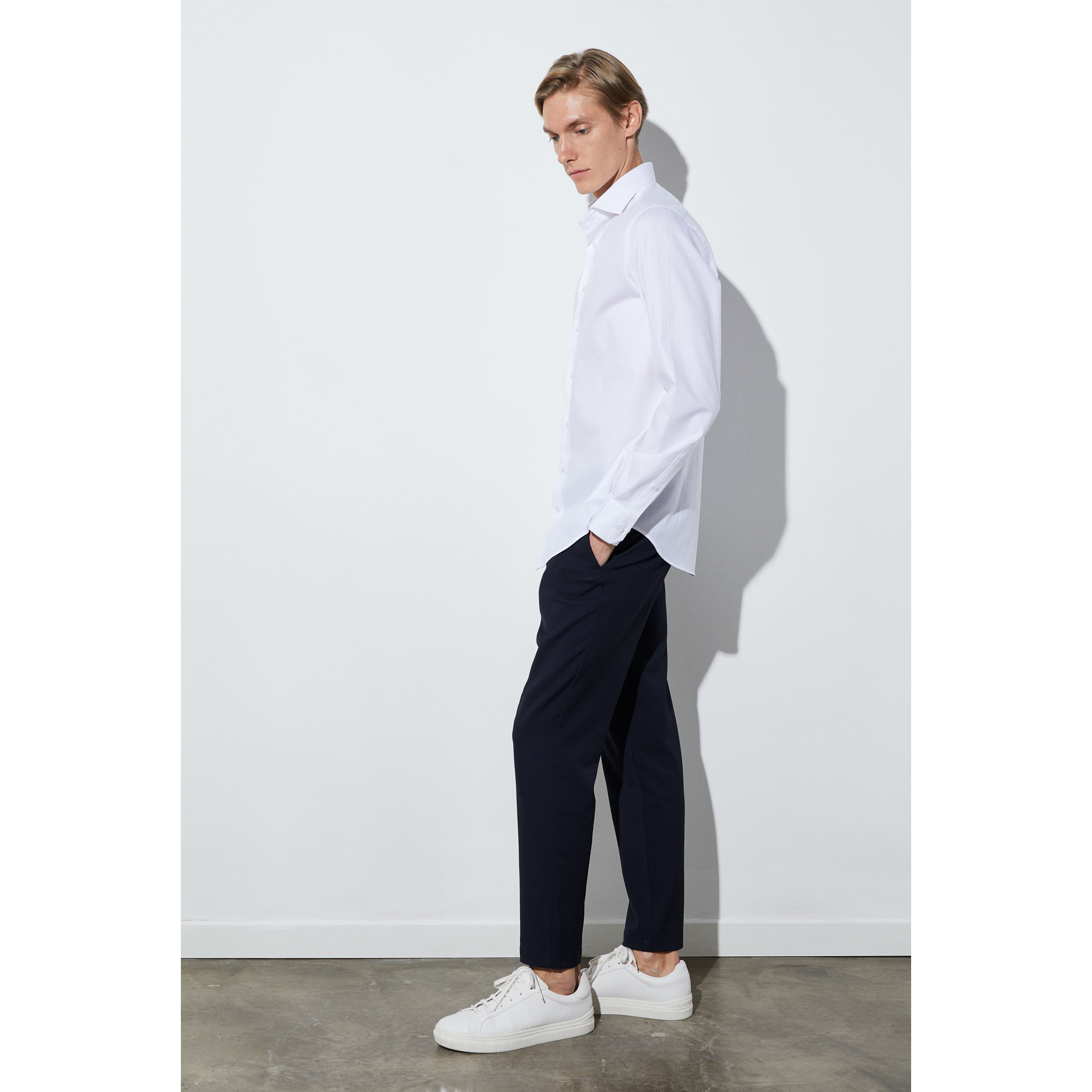 Camicia Uomo 1 Bottone Morbido Jacquard Fantasia Bianco e Bianco