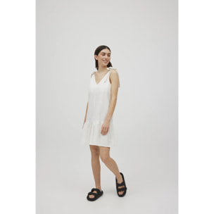 Abito corto bianco in cotone con spalline annodate