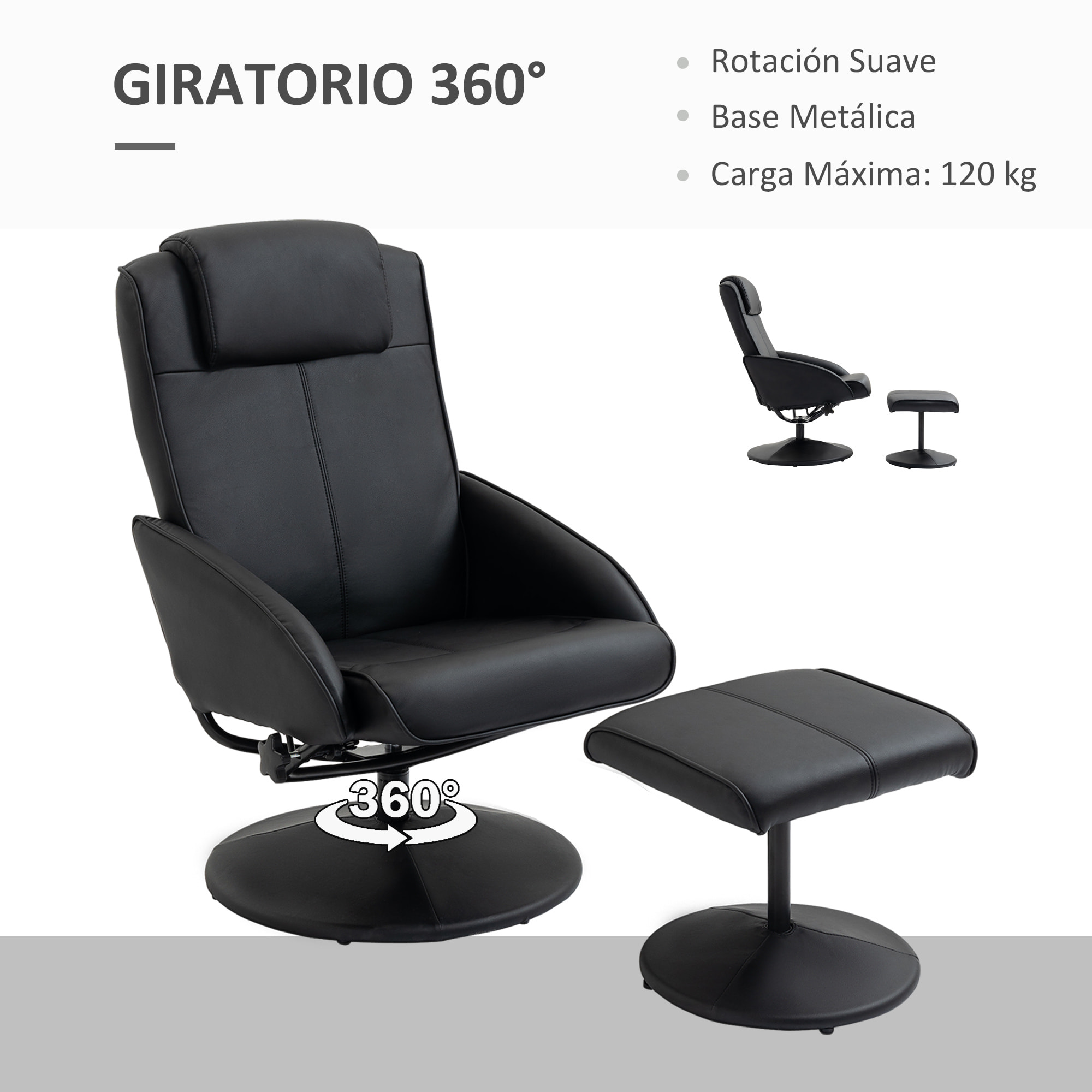 Sillón Reclinable con Reposapiés Sillón de Salón Giratorio con Tapizado en PU y Estructura de Acero Carga 120 kg Butaca para Dormitorio Sala de Estar Negro