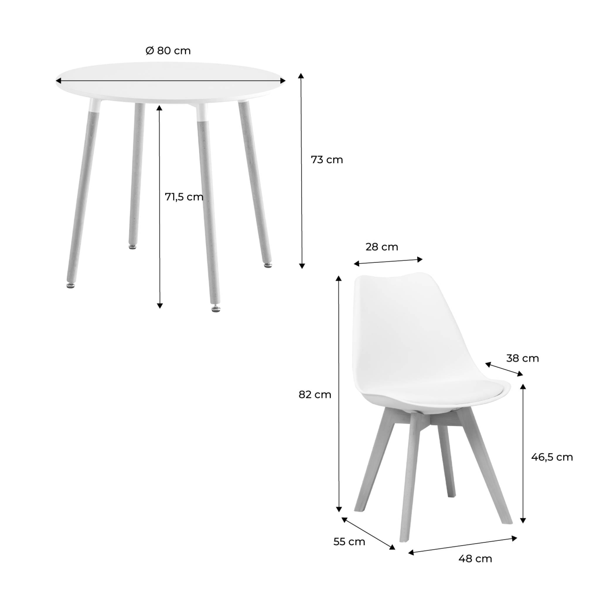 Table à manger ronde Ø80cm et 2 chaises blanches scandinaves - Hedvig