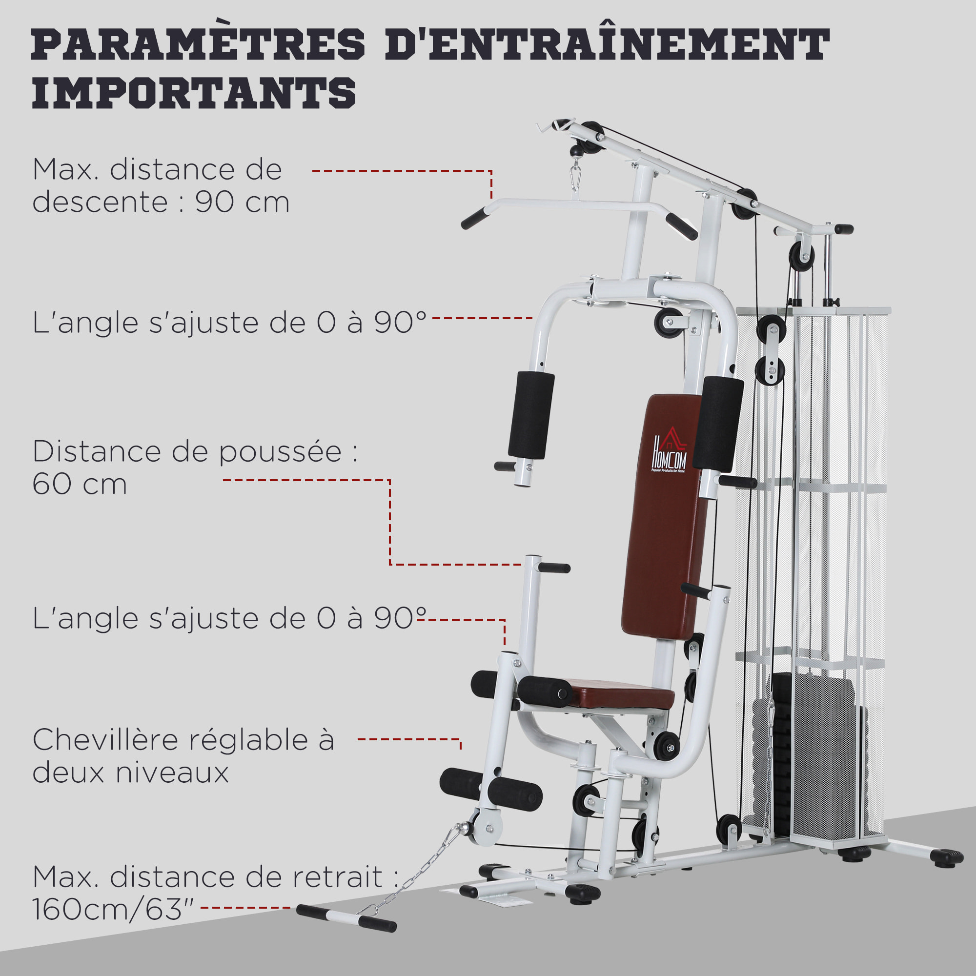 Station de musculation - entrainement complet - développé couché, butterfly, barre latissimus, curler, bande résistance - 10 contrepoids - acier blanc