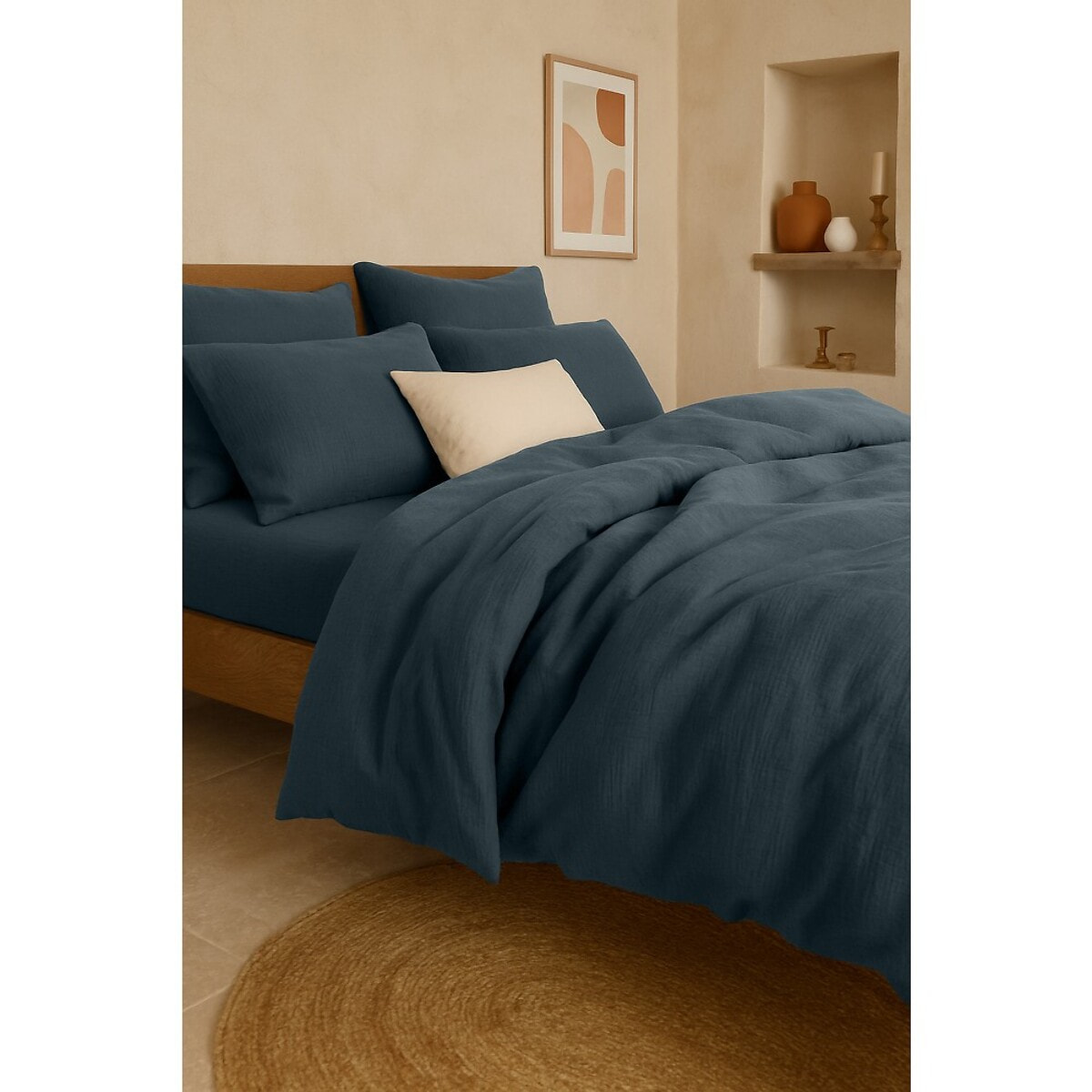 Drap housse bonnet:30cm 100% gaze de coton lavé bleu pétrole