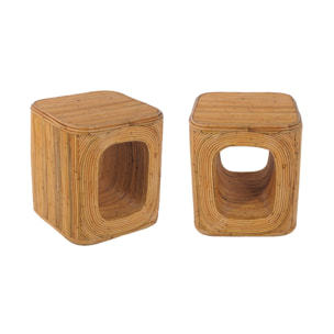 Lot de 2 bouts de canapé. tables d'appoint. tables de chevet avec niches. en rotin naturel. cubique et coins arrondis. L 45 x P 45 x H 50cm