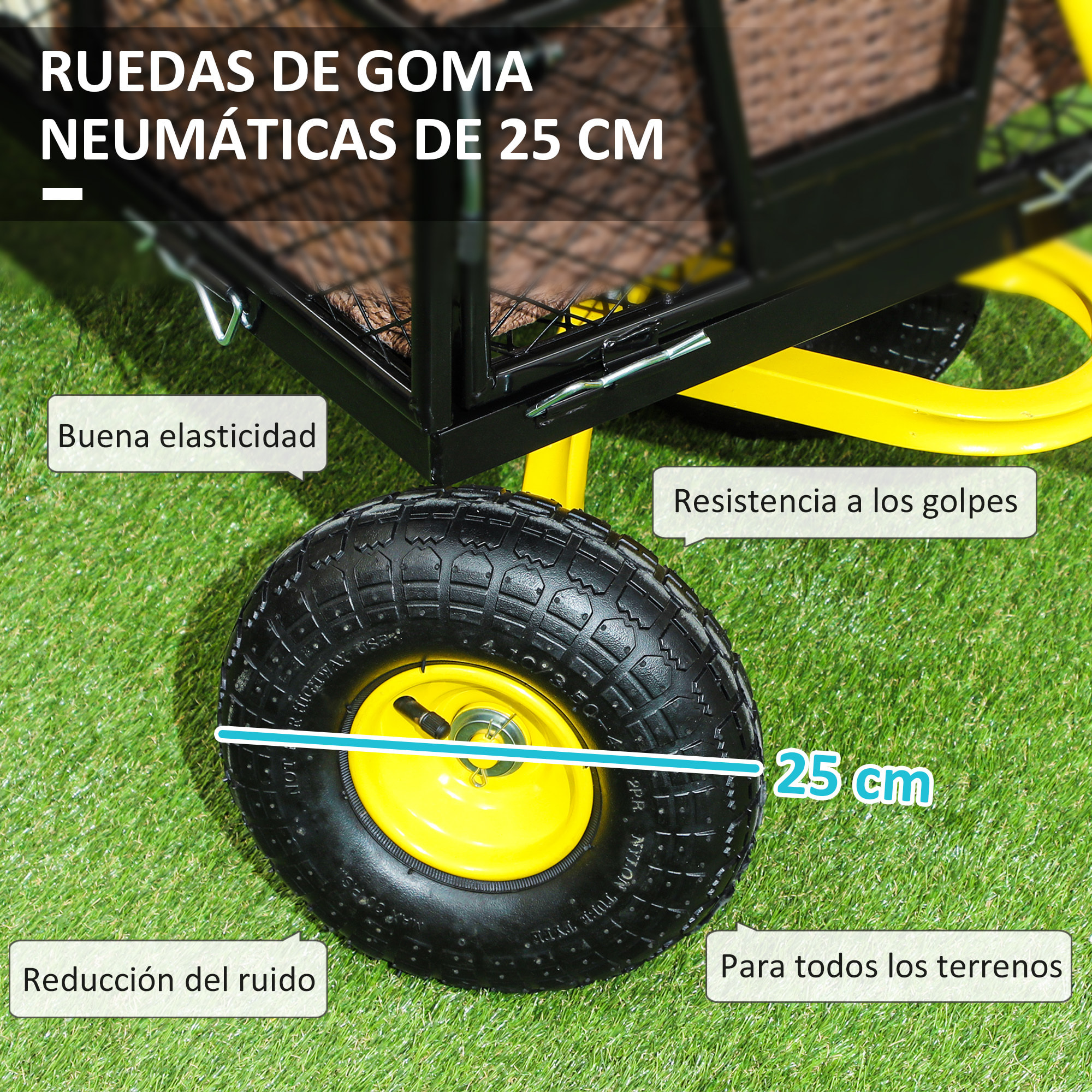 Carro de Jardín Basculante Carga 200 kg Carro para Playa con Paneles Laterales Desmontables Mango Giratorio de 180° y 4 Ruedas Neumáticas Grandes de Goma Negro y Amarillo