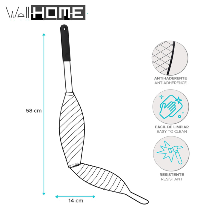Well home parrilla bbq para pescado en alambre de hierro con revestimiento antiadherente 58x13cm