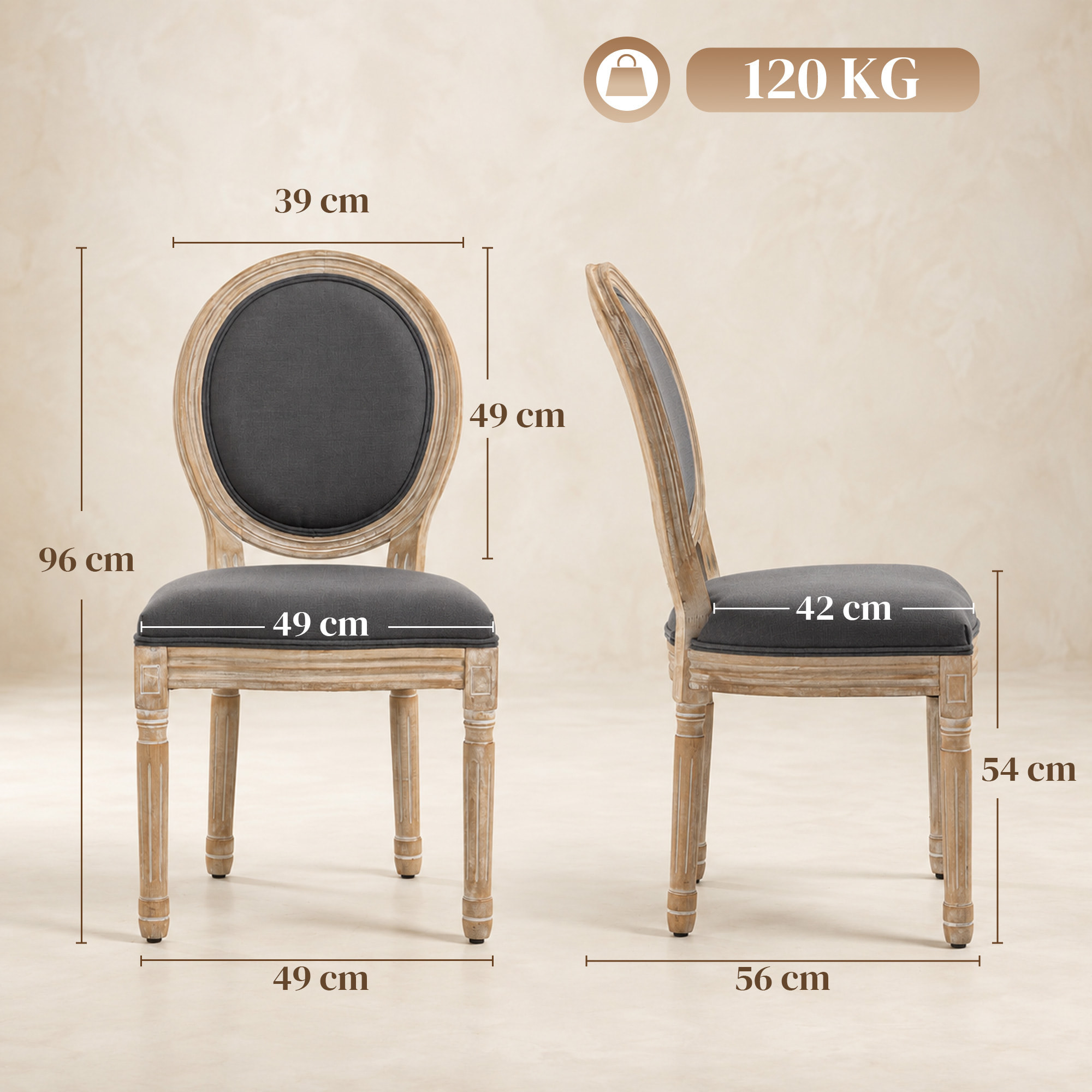 Lot de 2 chaises de salle à manger - chaise de salon médaillon style Louis XVI - bois massif sculpté, patiné - aspect lin gris