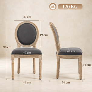Lot de 2 chaises de salle à manger - chaise de salon médaillon style Louis XVI - bois massif sculpté, patiné - aspect lin gris