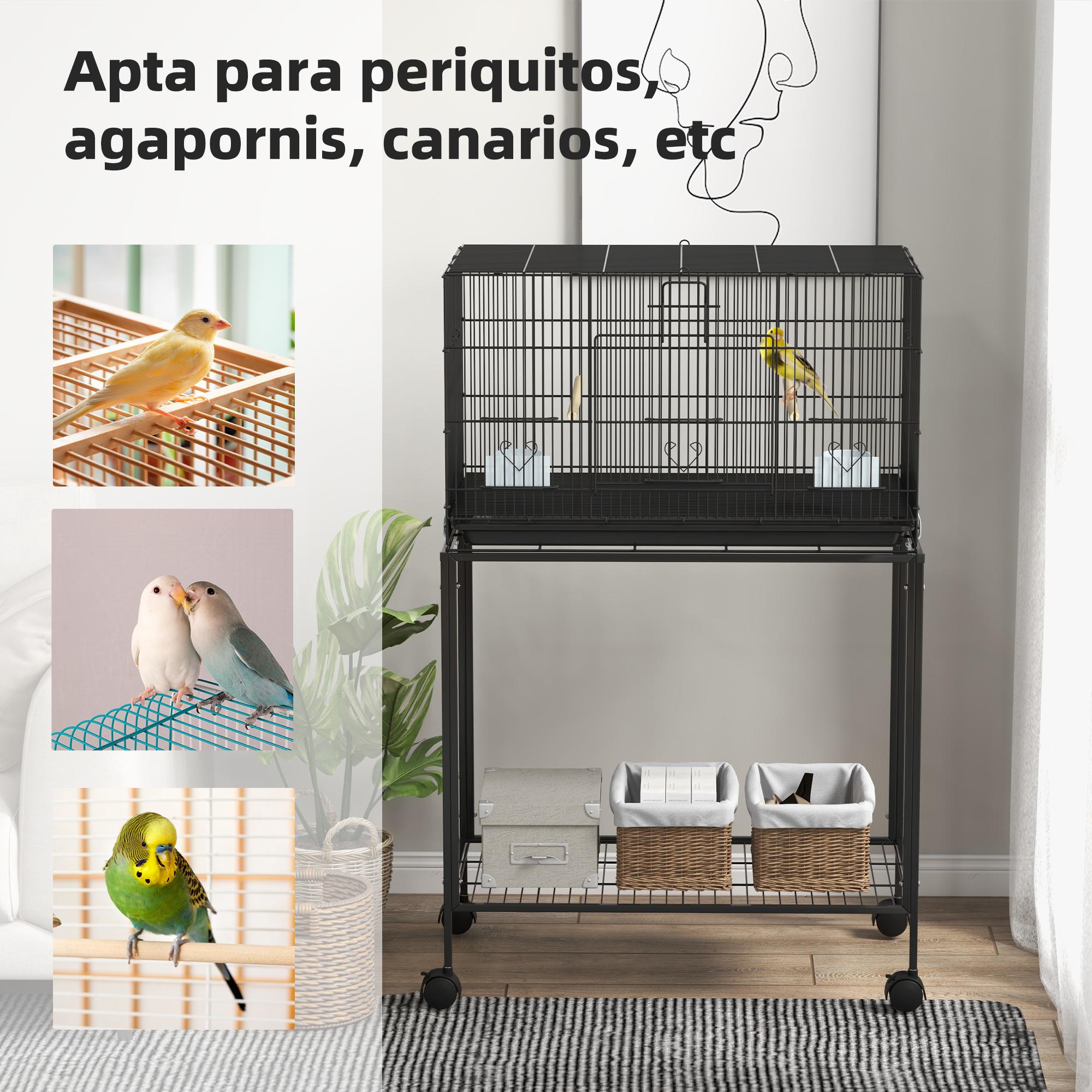 Jaula para Pájaros con Ruedas 77x46x119 cm Jaula Metálica para Aves con Bandeja Extraíble 2 Perchas 2 Comederos y Estante de Almacenamiento para Periquitos Canarios Negro