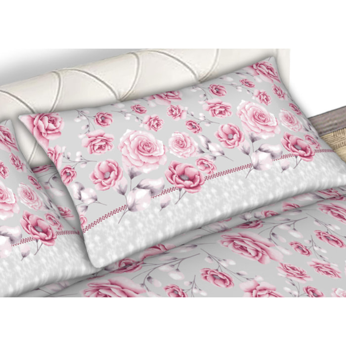 Completo Lenzuola In Flanella Rose Lilla CNMisura Letto Matrimoniale