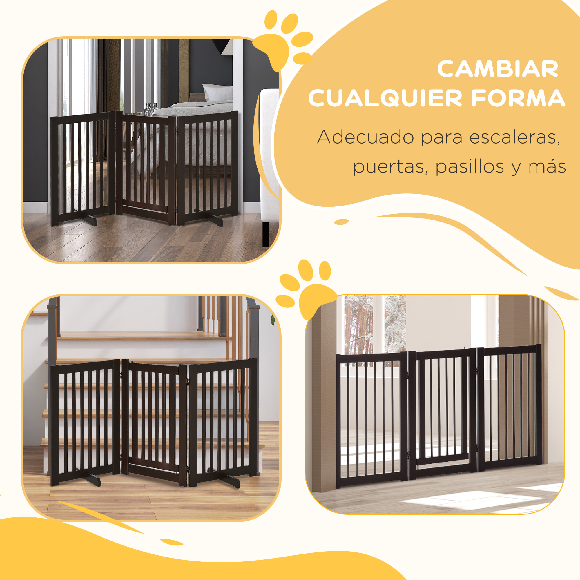 Barrera para Perros de Madera Valla para Mascotas Plegable de 3 Paneles con 1 Puerta y Patas de Apoyo para Pasillo Escalera 155x35,5x76 cm Café