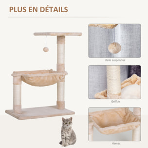 Arbre à chat 3 griffoirs grattoirs sisal naturel plateforme hamac et boule suspendue dim. 50L x 36l x 70H cm peluche haute densité 220 g/m² beige