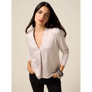 Oltre - T-shirt bimaterica con scollo a V - Beige