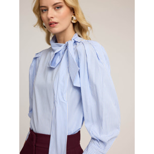 Motivi - Blusa de popelina de algodón con lazo - Light - blue