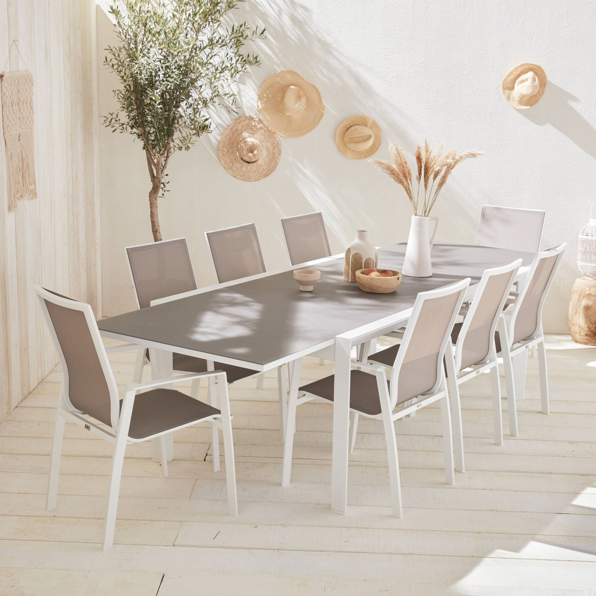 Table de jardin extensible aluminium + 8 assises - Washington Taupe - Table en aluminium 200/300cm. plateau en verre dépoli. rallonge et 8 fauteuils en textilène