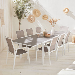 Table de jardin extensible aluminium + 8 assises - Washington Taupe - Table en aluminium 200/300cm. plateau en verre dépoli. rallonge et 8 fauteuils en textilène