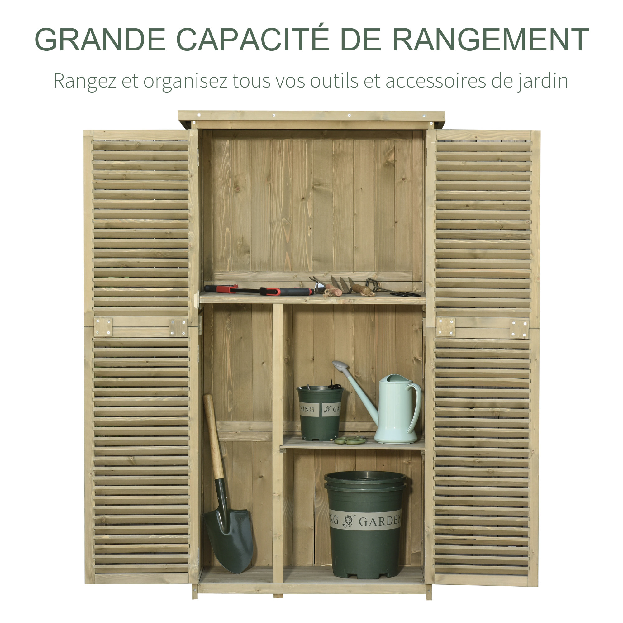 Armoire de jardin portes persiennes 2 étagères bois pin