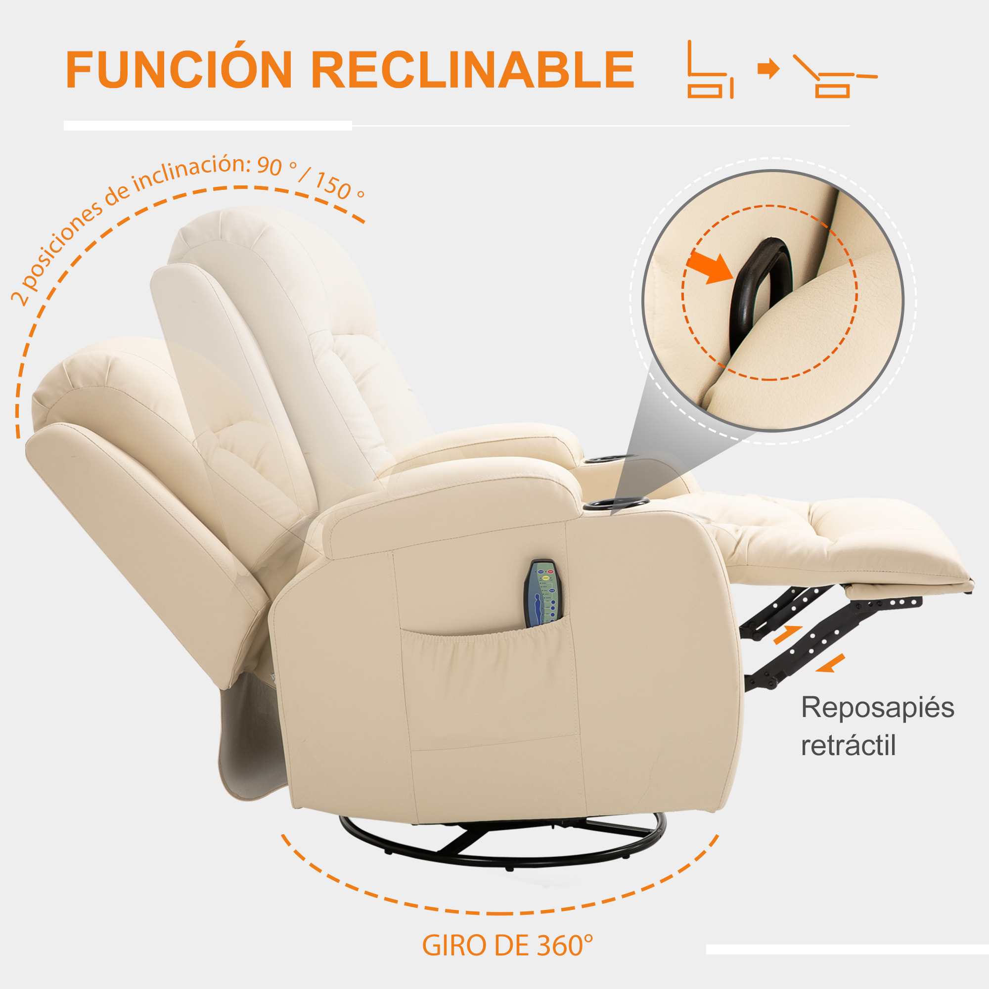 Sillón de Masaje Reclinable hasta 150° Silla para Relajación Sillón Relax con 8 Puntos de Masaje Vibrante Función de Calefacción Lumbar Mando a Distancia 85x94x104 cm Crema