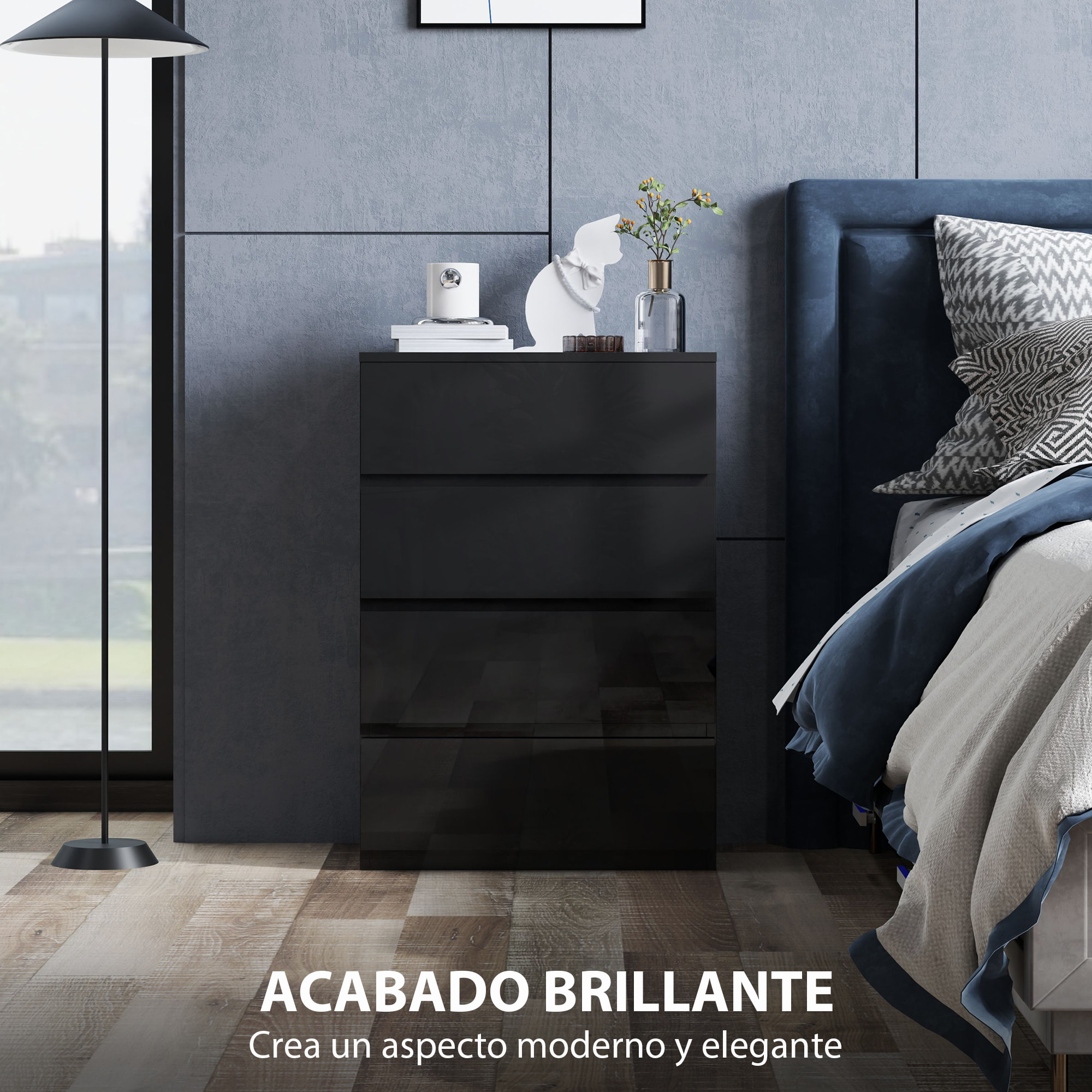 Cómoda con 4 Cajones Cómoda de Dormitorio Moderna con Diseño Anti-vuelco Cajonera para Salón Pasillo 55x34x80 cm Negro Brillo