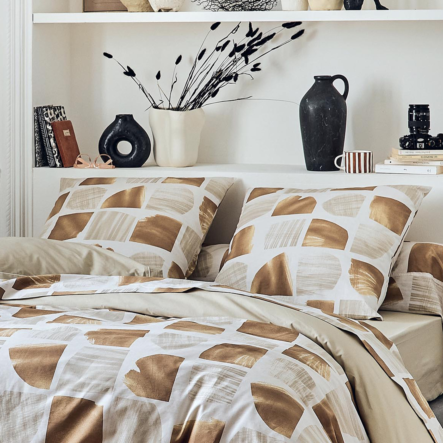 Parure de lit 2 pièces coton graphique housse + taie - Marron Clair