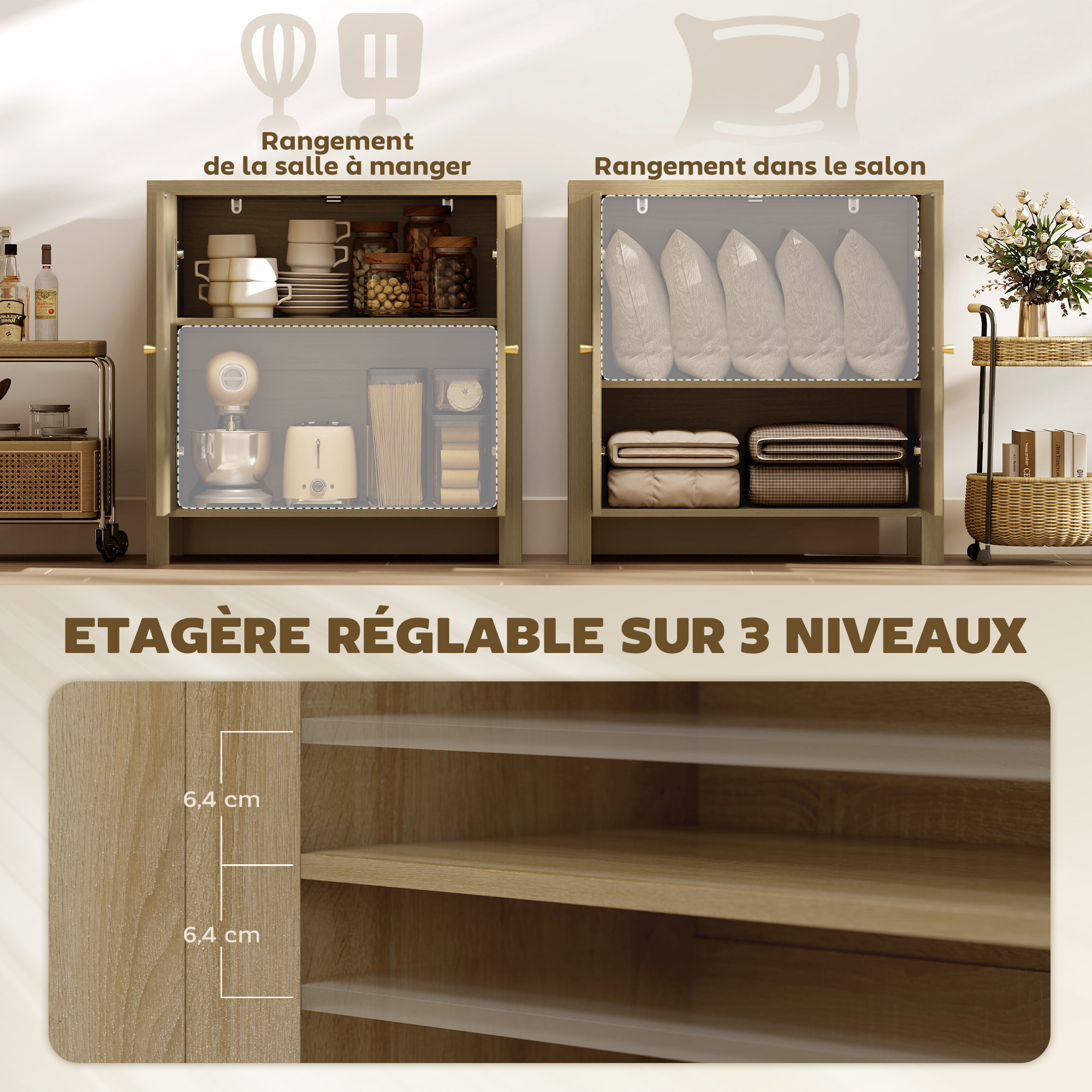 Rangement petit buffet 2 portes étagère style naturel rotin effet bois naturel taupe