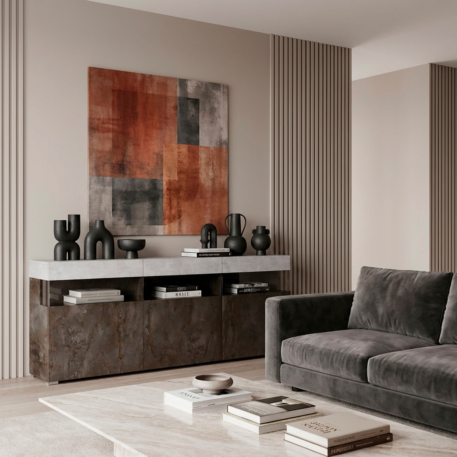 Madia Soggiorno Con 3 Ante Push-Pull E 3 Vani A Giorno in Vetro Mobile Credenza Moderna Zona Living 180 x 41.2 x 80 Cm Ossido E Grigio Cemento