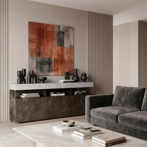 Madia Soggiorno Con 3 Ante Push-Pull E 3 Vani A Giorno in Vetro Mobile Credenza Moderna Zona Living 180 x 41.2 x 80 Cm Ossido E Grigio Cemento