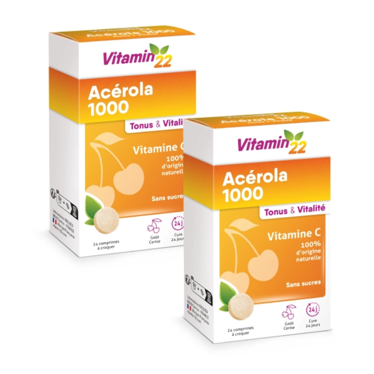 VITAMIN 22 - Acerola 1000 - Complément alimentaire à base d'Acérola- Vitamine C 100% d'origine naturelle - Sans sucre - Sans gluten - Goût Cerise - Cure de 24 j - Lot de 2 produits