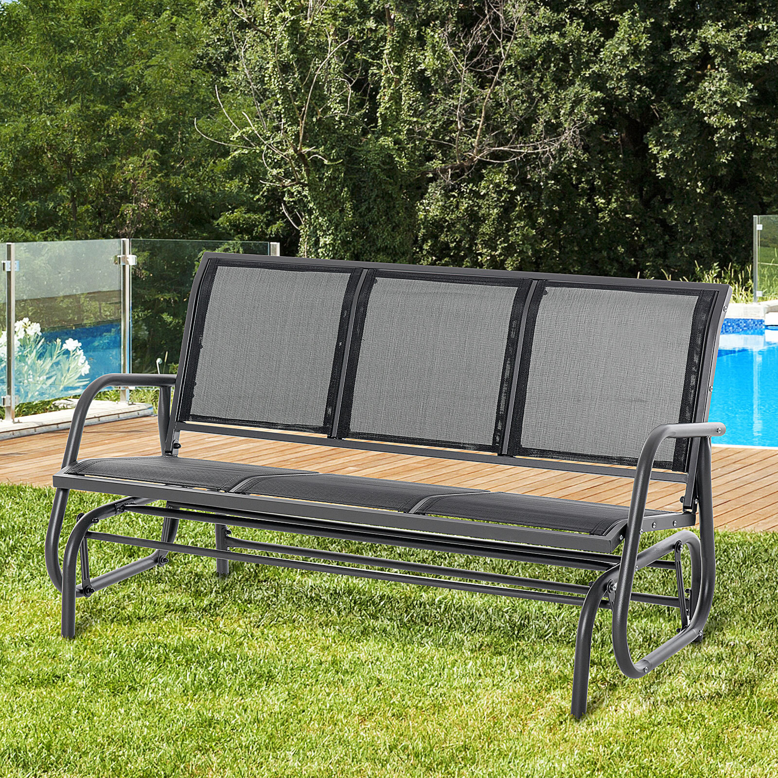 Banco de Jardín Exterior de 3 Plazas Mecedora de Exterior con Reposabrazos Carga 300 kg para Terraza Balcón Patio 147x75x85 cm Negro