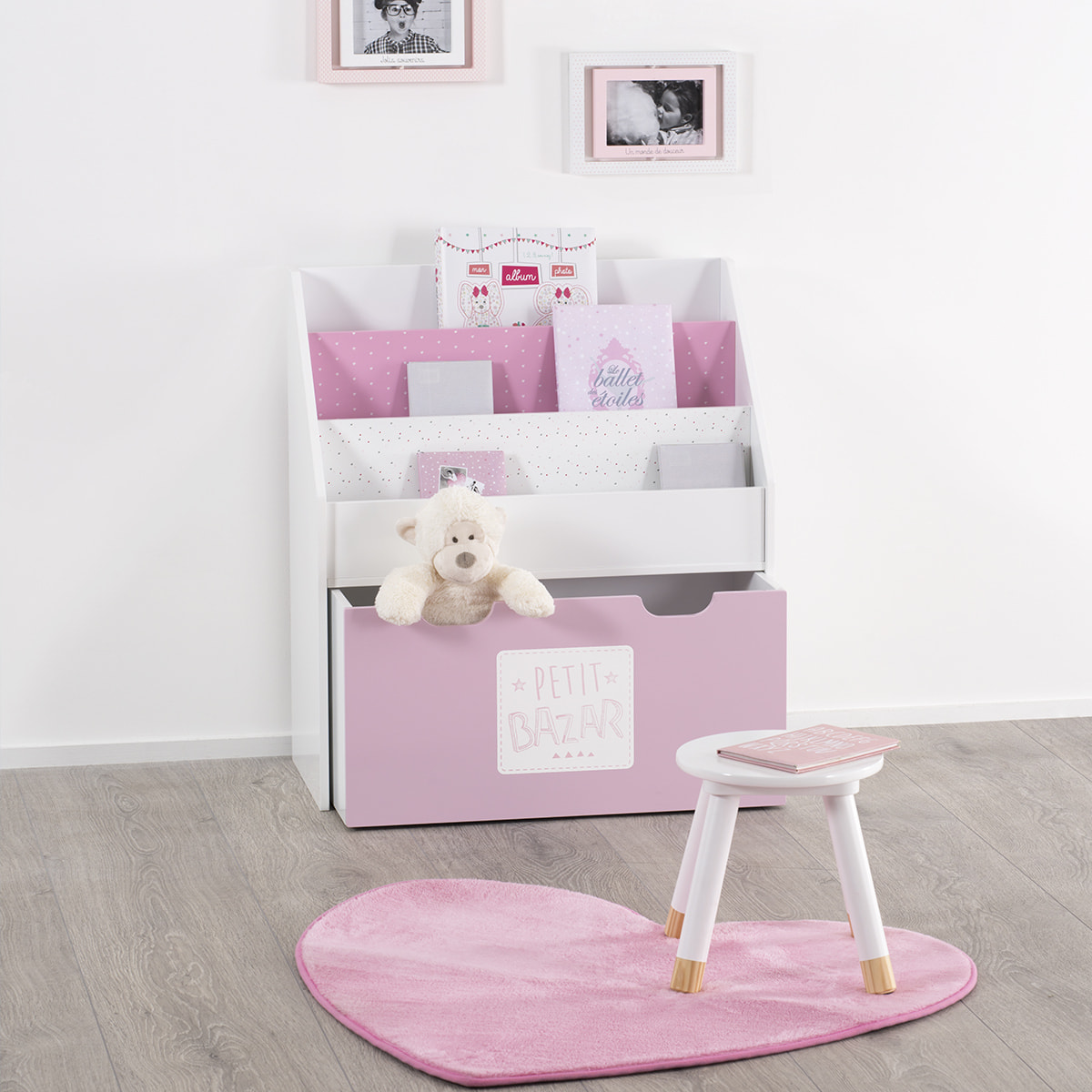 Bibliothèque enfant à roulettes rose