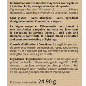 NUTRIEXPERT - Vigne Rouge Hamamélis - Contribue à une Circulation Sanguine Normale - Favorise la Sensation de Jambes Légères - Favorise le Confort Circulatoire - Vegan - 60 gélules