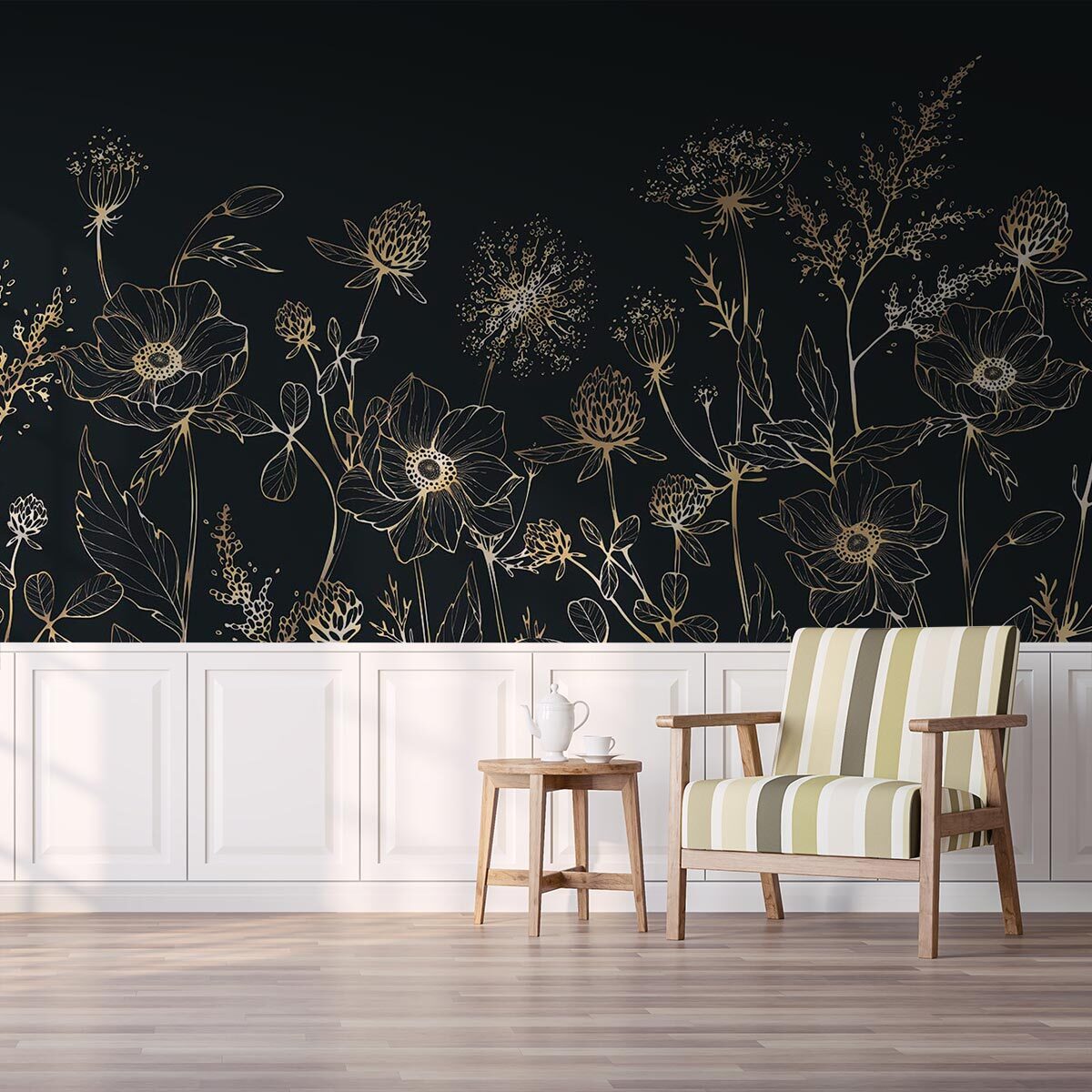 Papier peint fleurs sauvages dorées fond bleu nuit élégant Intissé