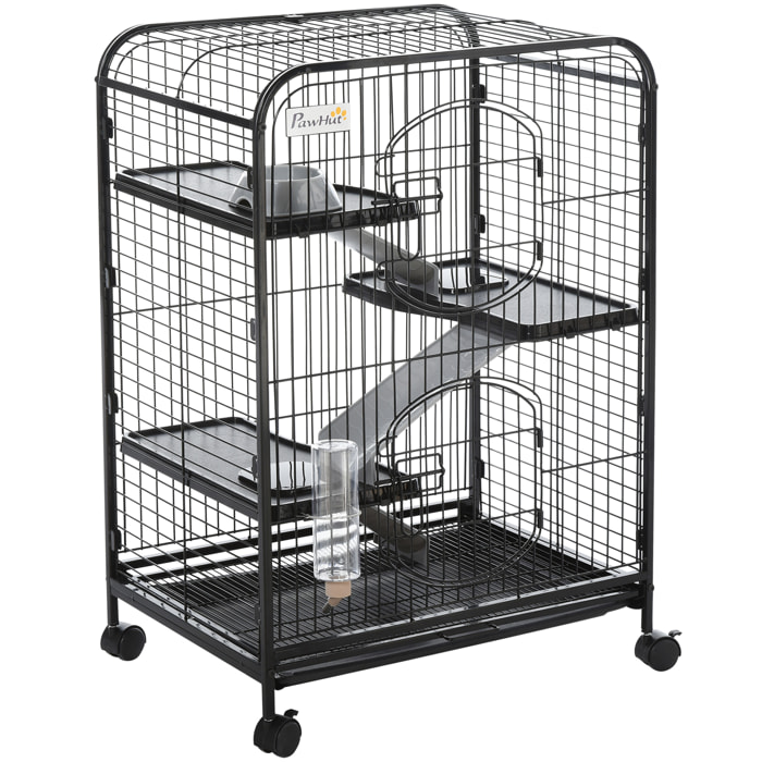 PawHut Cage pour Petits Animaux Roulante 3 Rampes 3 Plates-formes Plat et Bouteille d'Eau Bac Inférieur Amovible Acier PP Noire