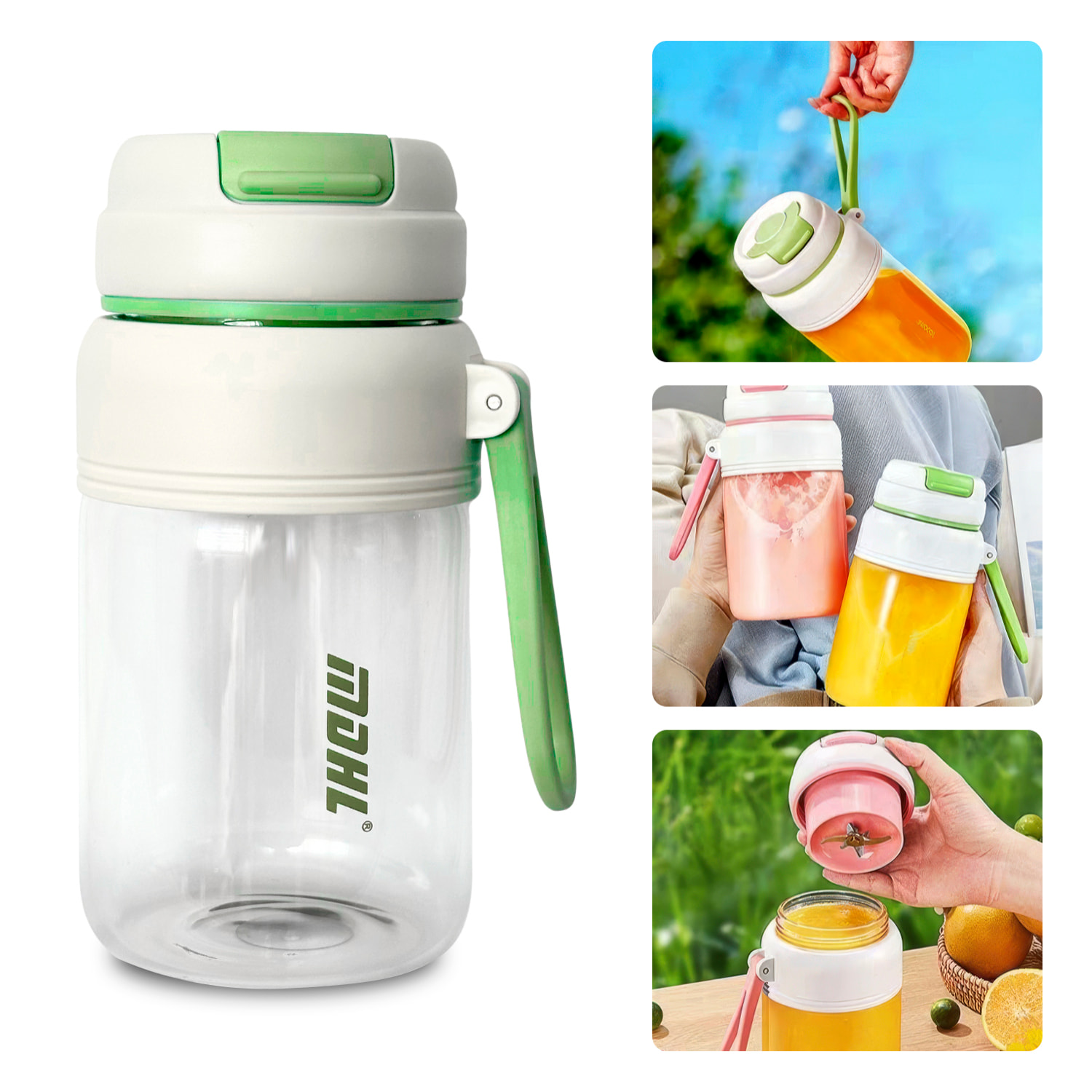 Batidora portátil de 1000 ml con motor de 80W, cuchilla de acero inoxidable de 18 puntas y batería recargable de 2400 mAh.