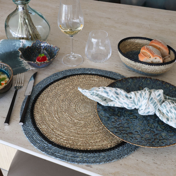 Lot de 6 sets de table en jonc de mer naturel et bleu d38cm IRIS