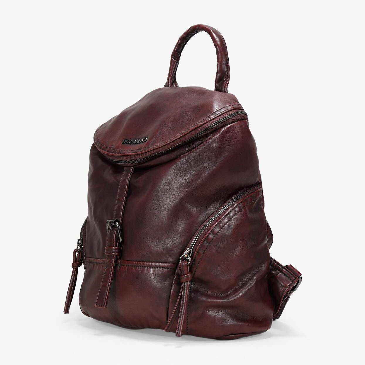 Mochila burdeos con solapa y hebillas