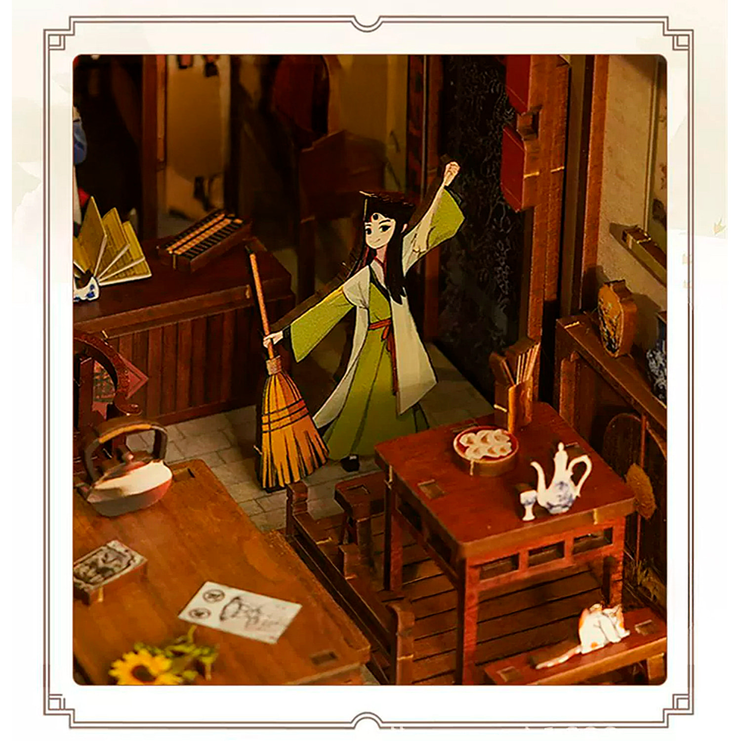 Un sueño de Jianghu. Book Nook de madera, diseño 3D realista con gran detalle, cubierta y luces led.