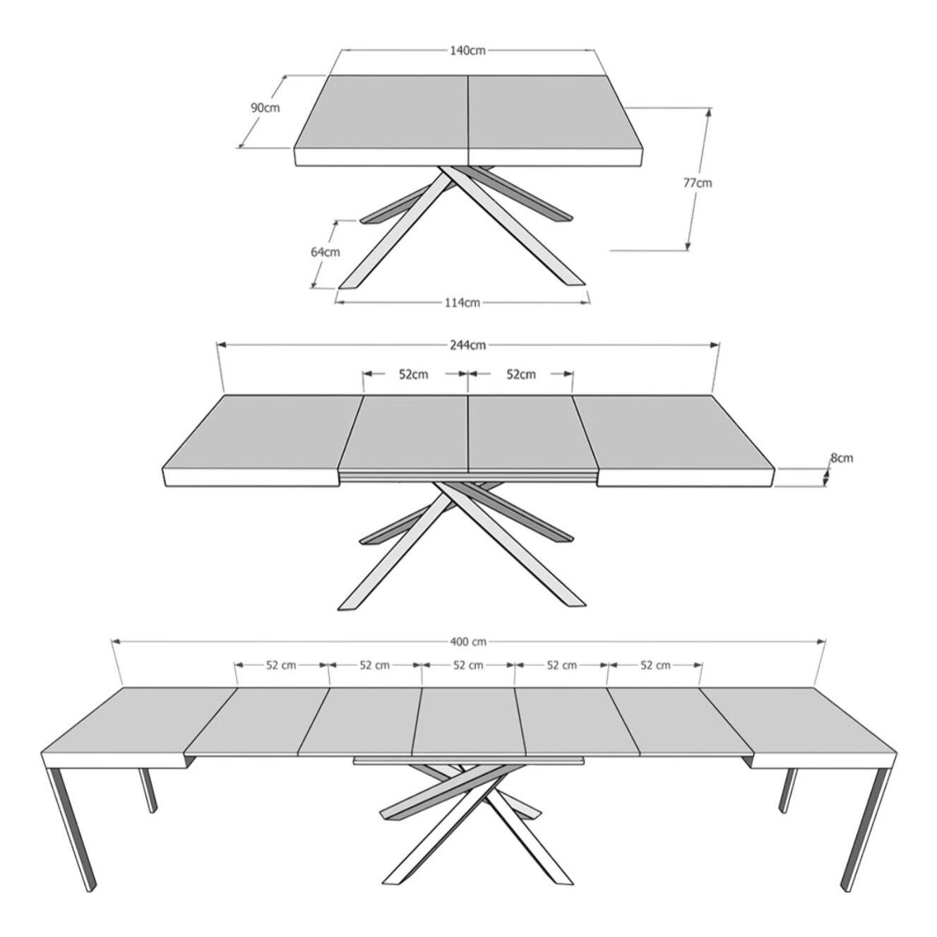 Table extensible 90x140/400 cm Karida gris béton pieds anthracite